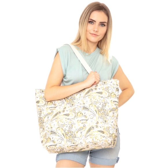 SKYLINE OVERSIZED LARGE PAISLEY TOTE BEACH BAG Beige Green Gray Gold HUES OS - Picture 1 of 4